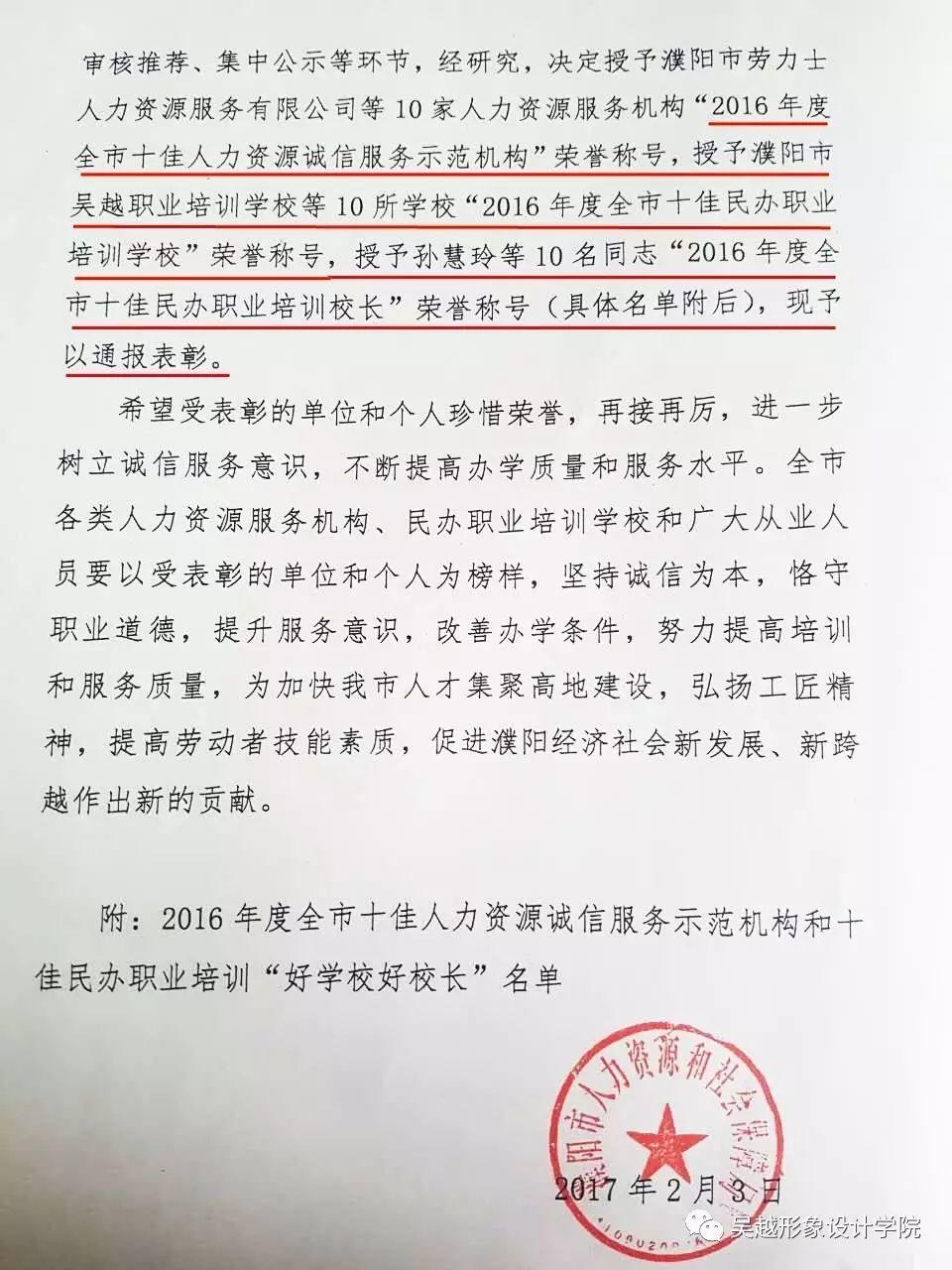 热烈祝贺吴越学校荣获“2016年度全市十佳民办职业培训学校”荣誉称号